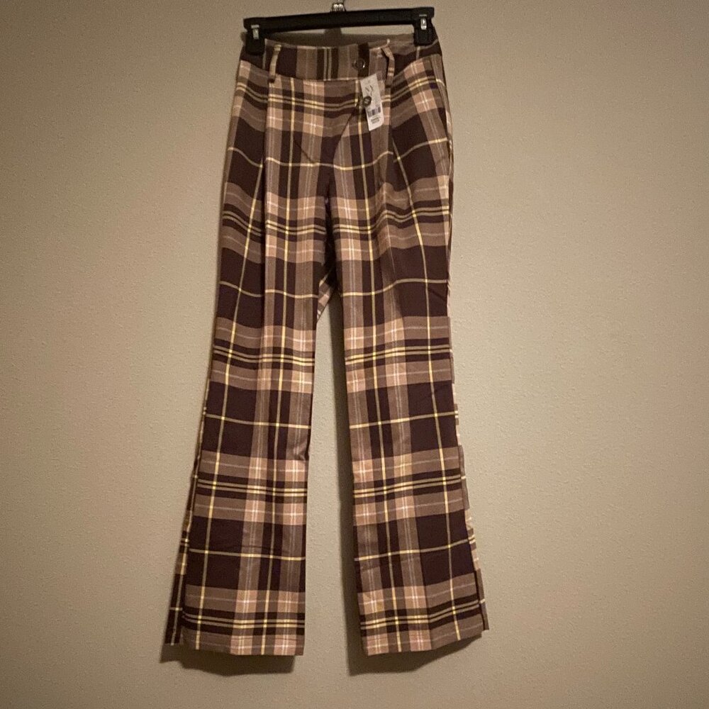 New York and Company XXS Petite Plaid Brown and Gold Slacks.